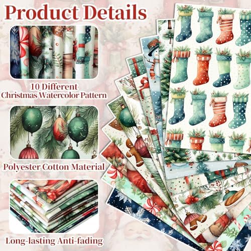 Hahafelt 10 Pcs Watercolor Christmas Quilting Fabric Bundles 20 x 20 Inch
