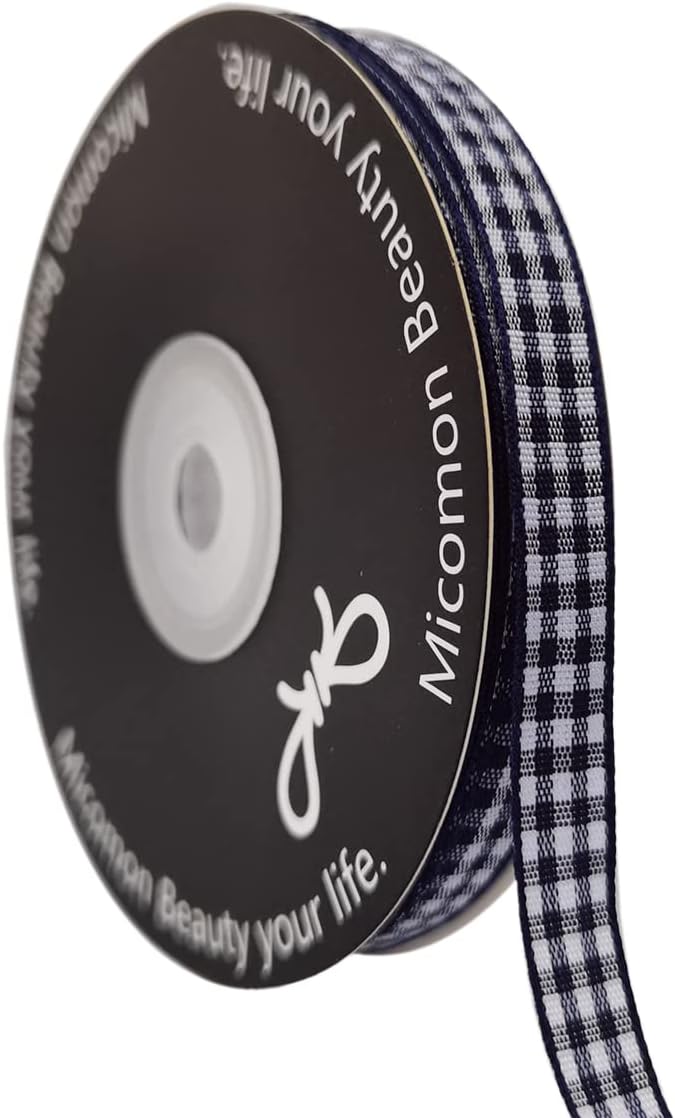 Blue Gingham Woven Edge Ribbon 25 Yards Per Spool, Dark Blue Checked Crafts 3/8 by Micomon