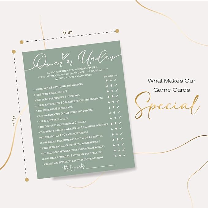 Bridal Shower Games Cards, Guess Over or Under, 25 Guests, Engagement Party - Image 2