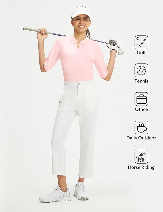 baleaf Women's Golf Shirts Half Sleeve Elbow Length Sleeves Polo Tops Workout Athletic Collared Quarter Zip V Neck UPF