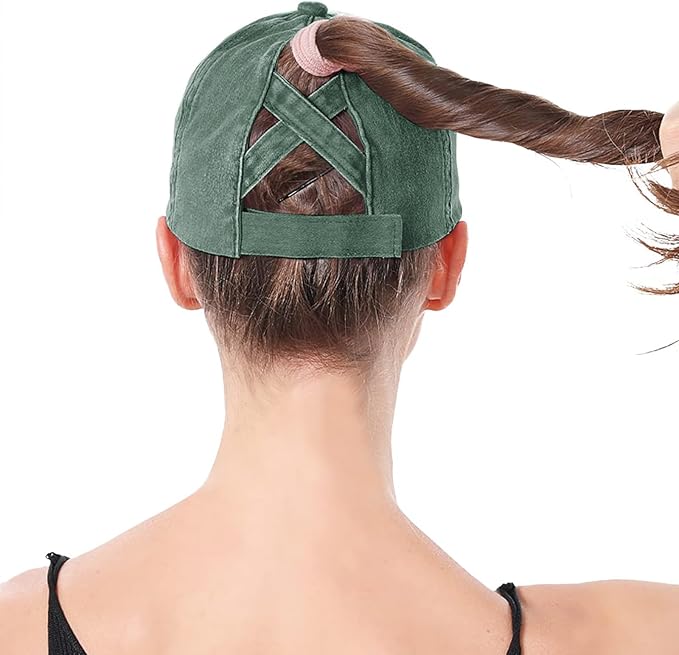 Womens Criss Cross Ponytail Baseball Cap Distressed Ponytail Hat High Messy Bun Trucker Ponycap for Outdoor Sports