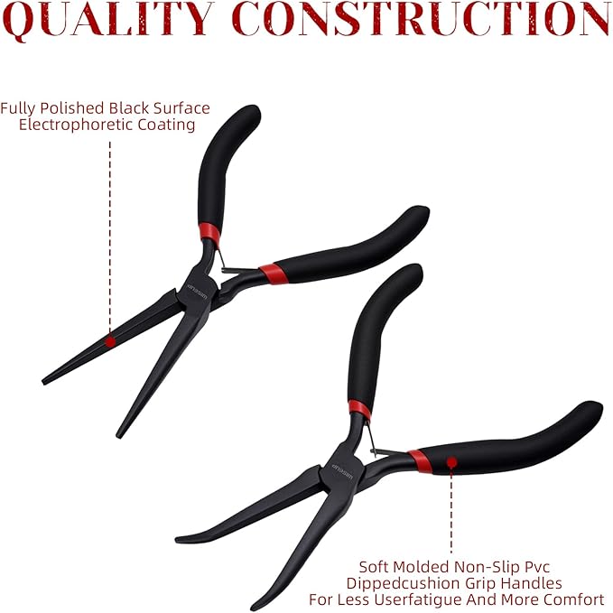 WISEUP 6" Mini Needle Nose Pliers Set，2-Piece Small Long Reach Bent Needle Nose - Image 2
