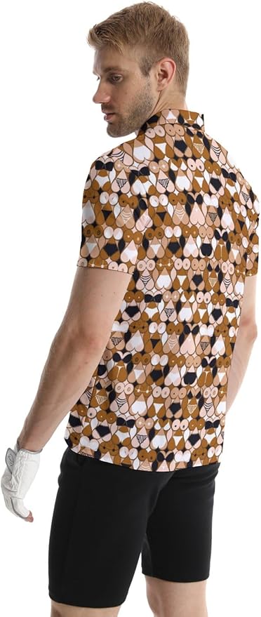 HUURAY Funny Golf Polos for Men Funny Print Short Sleeve Shirts Quick Dry Polo Shirts Hawaiian Shirt Performance Golf Outfits