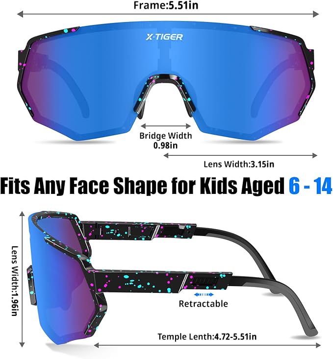 X-TIGER Polarized Youth Baseball Sunglasses UV400 Kids Sunglasses Boys Girls 8-12 Youth for Softball Cycling Sports Glasses