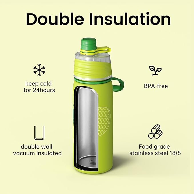 Tennis Water Bottle - 20oz Insulated Misting Water Bottles Stainless Steel 3D Textured - Tennis Accessories Gift for Kids