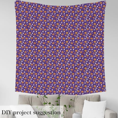 Feelyou Purple Halloween Soft Flannel Fabric by The Yard Kids 5 Yards Cute Ghost Bat Spider Web Upholstery Fabric for Boys Pumpkin Candy Spooky Trick or Treat for Home DIY Projects, Indoor Decor