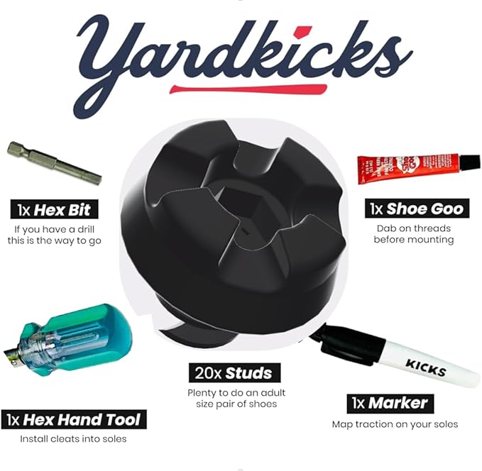 Yardkicks Baseball Cleats Kit: DIY Metal Softball Studs for Your Shoes - Transform Sneakers into Custom Cleats - Unisex Spikes - 20 Studs - Ideal Gift for Ball Players & Kids to Boost Field Traction
