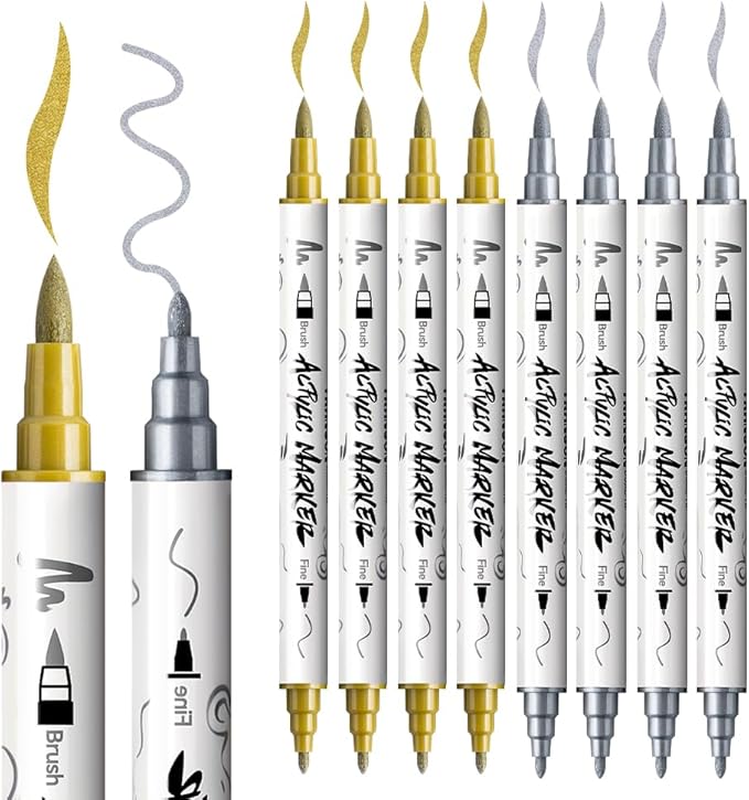 TRANSON 4 Gold and 4 Silver Paint Markers Brush and Fine Dual-tip Acrylic Paint - Image 6