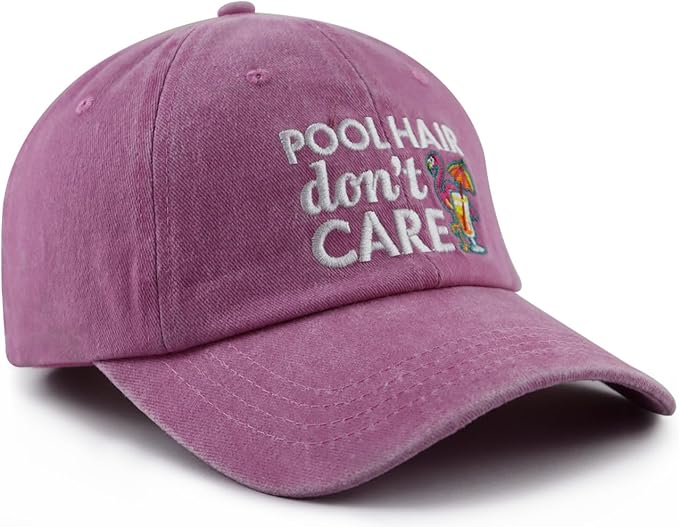 Pool Hair Don't Care Hat for Men Women, Funny Adjustable Cotton Embroidered Flamingo Pool Baseball Cap