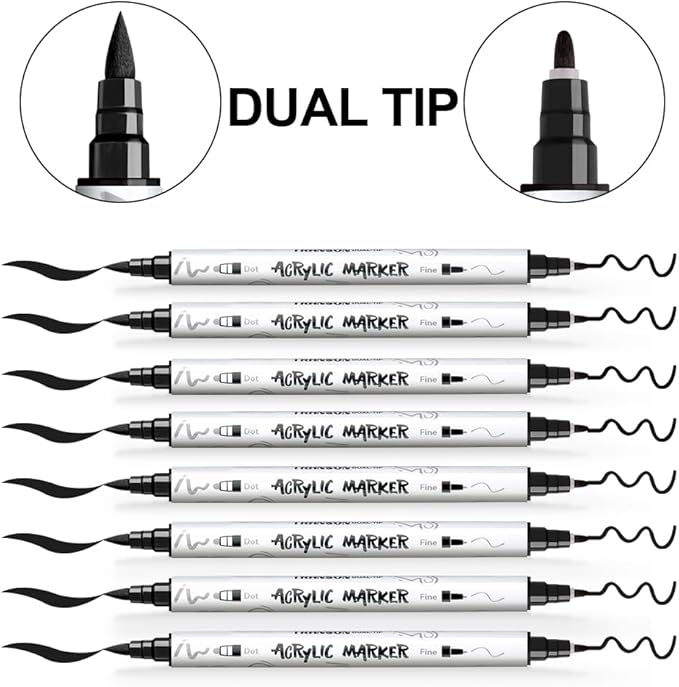 TRANSON 8 Pack Black Brush and Fine Dual-tip Acrylic Paint Marker - Image 4