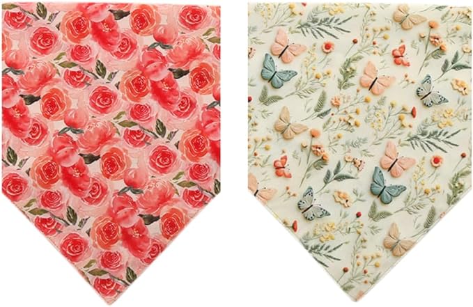 2 Pack Dog Bandana Reversible Triangle Bibs Scarf Accessories Butterfly Flower for Cats Pets Animals