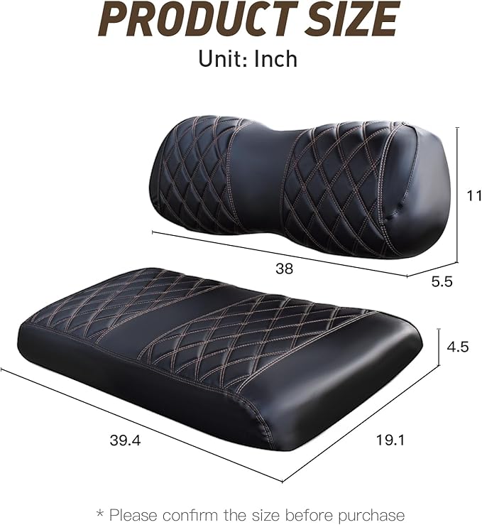 NOKINS Golf Cart Club Car DS 2000.5-Up Diamond Seat Covers Kit, Fits Club Car DS OEM Standard Front Seat Cushion, Golf Cart Vinyl Seat Cover, No Nails Required (Black and Brown Stitching)