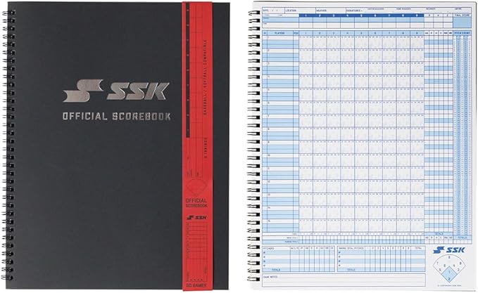 SSK 50 Game Official Scorebook Baseball + Softball – Premium Cover Score Keeping Book – 15 Player - Home + Away Team – 9.25”x12”