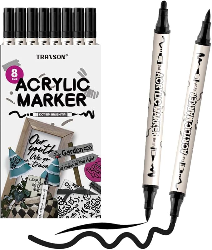 TRANSON 8 Pack Black Brush and Bold Dual-tip Acrylic Paint Marker by Transon