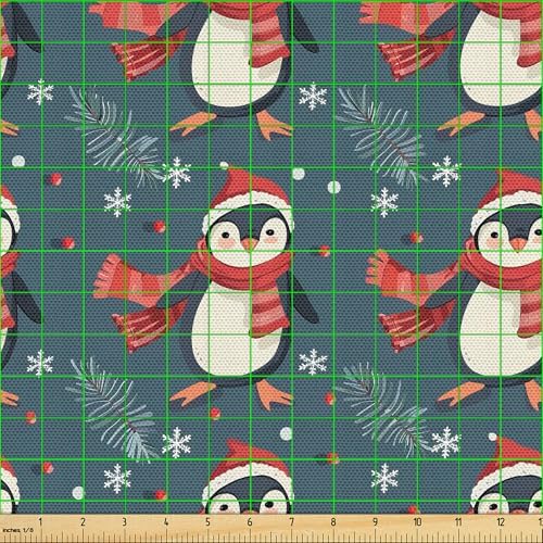 Lunarable Christmas Fabric by The Yard, Xmas Time with Happy Penguins with Hats Scarves Pine Leaves and Snowflakes, Decorative Fabric for Upholstery and Home Accents, 1 Yard, Grey Teal Beige