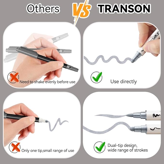 TRANSON 3 Gold, 3 Silver, 1 Black and 1 White Paint Markers Brush and Bold - Image 5