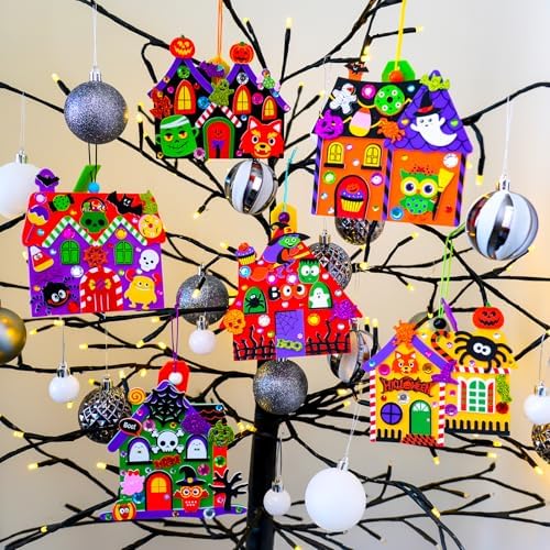 Winlyn 24 Sets Halloween Crafts Kits DIY Halloween House Ornaments Decorations Art Sets Monster Ghost Bat Foam Stickers Fall Arts and Crafts for Kids Classroom Activities Trick-or-Treat Party Favors