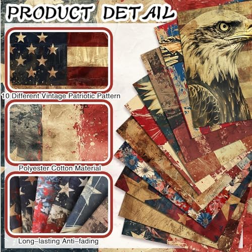 Hahafelt 10 Pcs Vintage Patriotic Quilting Fabric Bundles 20 x 20 Inch