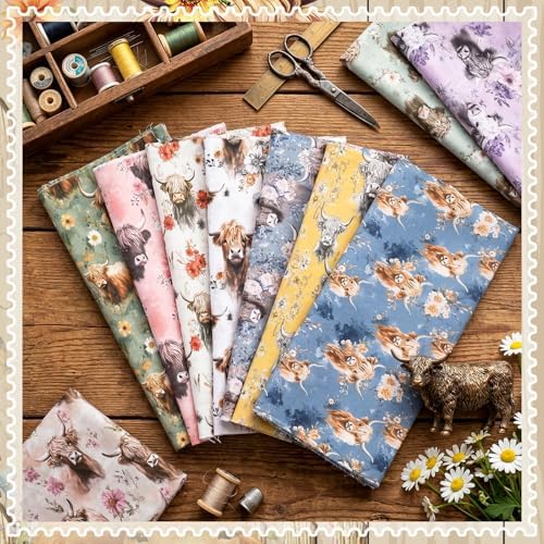 Hahafelt 10 Pcs Fall Highland Cow Quilting Fabric Bundles 20 x 20 Inch