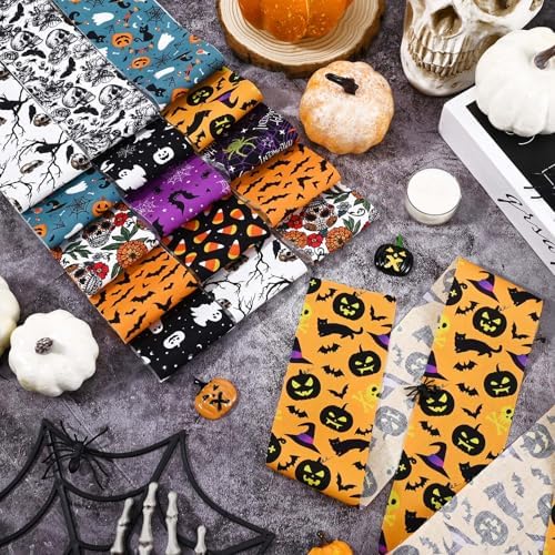40 Pcs Halloween Fabric Strips Roll for Quilting Crafting 40 x 2.6 Inch Quilting Ghost Skull Pumpkin Candy Spider Bat Precut Patchwork for Sewing DIY Crafts Cotton Fabric Bundles