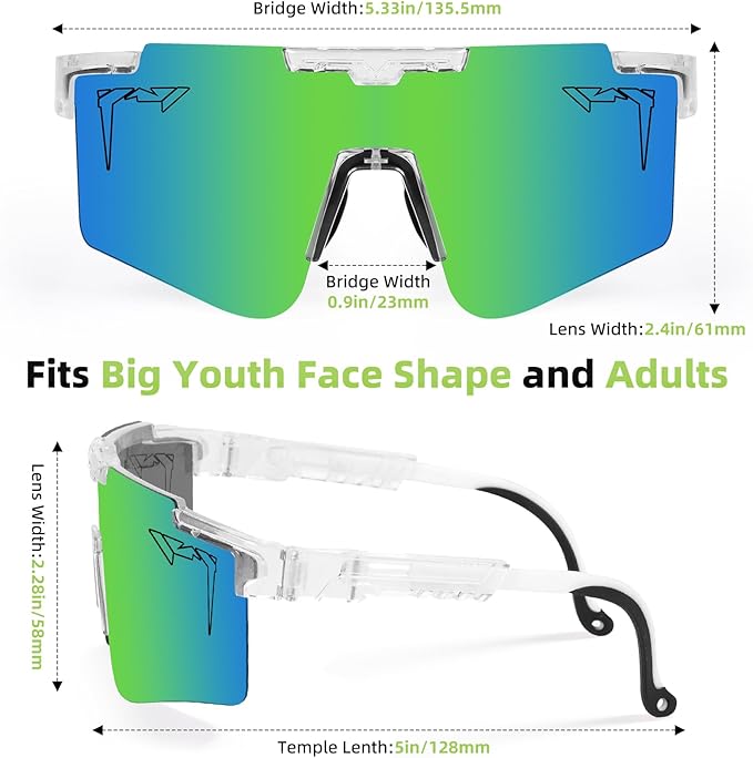2-Sizes Kids Youth Baseball Sunglasses Men Women Vipers Sunglasses Softball Boys Girl True Polarization &UV Protection