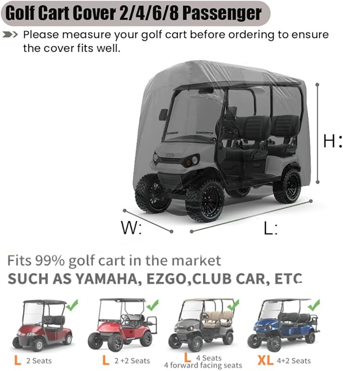 Golf Cart Cover 2/4/6 Passenger, All-Weather Protection Golf Cart Rain Covers, UV Resistant with Windproof Buckle Golf Cart Accessories (Fits for Club Car, for EZGO, for Yamaha)