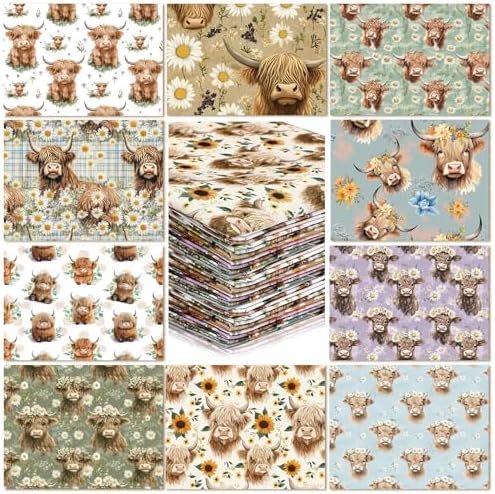 Hahafelt 10 Pcs 18"x22" Highland Cow Fat Quarters Sunflower Fabric Bundle