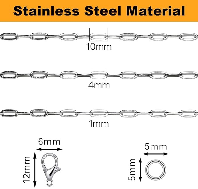 Jishi 16ft Paperclip Chain 4mm Silver Stainless Steel Paper Clip Link Chain Roll - Image 3