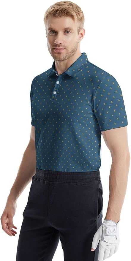 HUURAY Funny Golf Polos for Men Funny Print Short Sleeve Shirts Quick Dry Polo Shirts Hawaiian Shirt Performance Golf Outfits