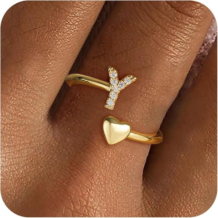 Gold Initial Rings for Women Girls, Dainty 14K Gold Plated Adjustable Initial by FezodoJewelry