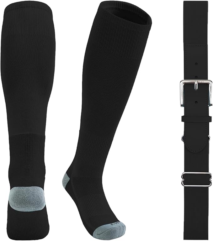 QBK Youth Baseball Socks & Belt Combo Set for Kids 2-16 Years -Softball/Tee Ball Accessories (1 Pair + 1 Belt, Unisex)