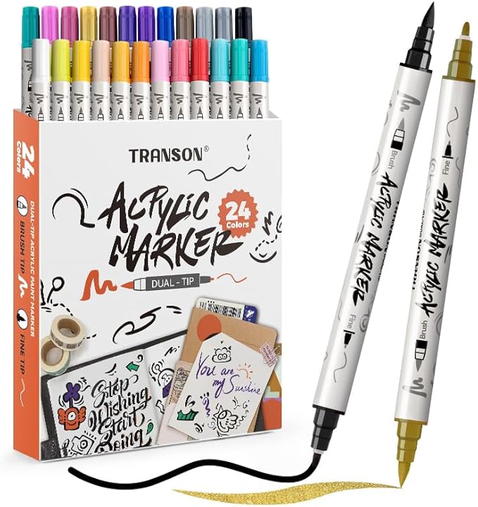 TRANSON 24 Colors Fine and Brush Dual-tip Acrylic Paint Marker Pen Set by Transon
