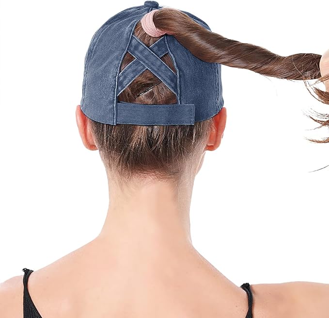 Womens Criss Cross Ponytail Baseball Cap Distressed Ponytail Hat High Messy Bun Trucker Ponycap for Outdoor Sports