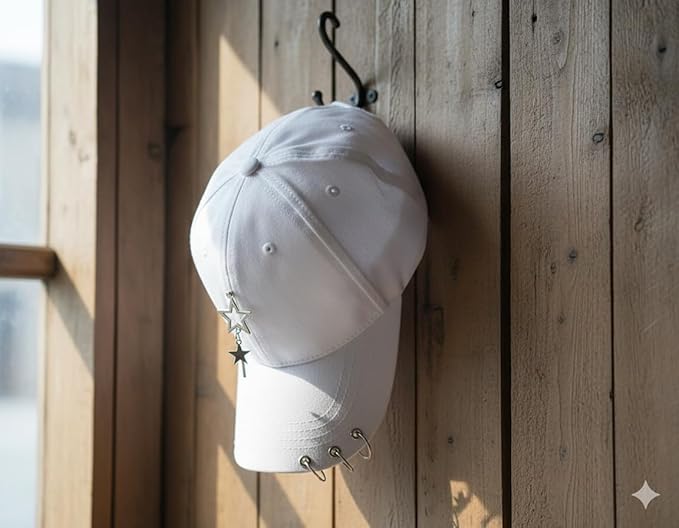 K-pop Metallic Fitted Cap with Ring Chain, Unique Design, Star Embellishment