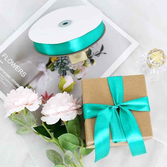 TONIFUL 1 Inch x 100yds Aqua Teal Blue Satin Ribbon, Thin Solid Color Satin - Image 5
