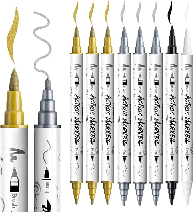 TRANSON 3 Gold, 3 Silver, 1 Black and 1 White Paint Markers Brush and Fine - Image 6