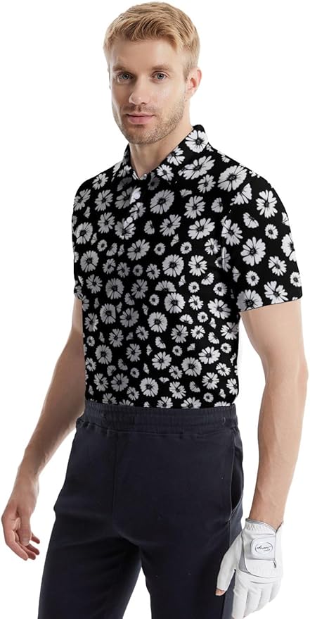 HUURAY Funny Golf Polos for Men Funny Print Short Sleeve Shirts Quick Dry Polo Shirts Hawaiian Shirt Performance Golf Outfits