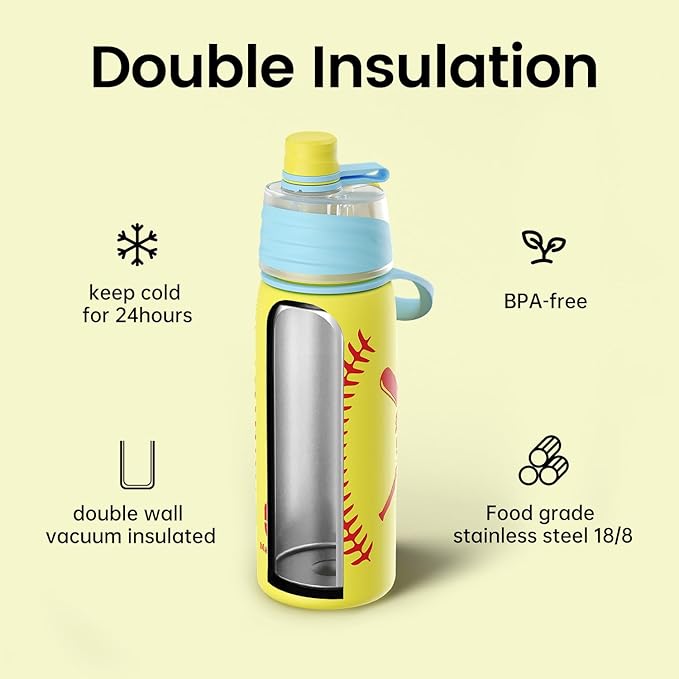 Softball Water Bottle - 20oz Insulated Misting Water Bottles Stainless Steel 3D Textured - Softball Accessories Gift for Kids