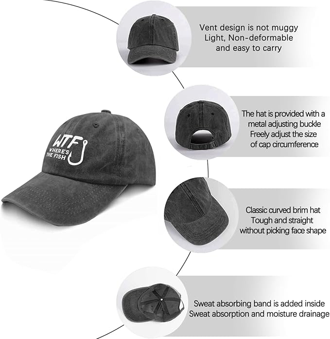 WTF Where's The Fish caps Funny Vintage Cotton Washed Baseball Caps Adjustable Low Profile Dad Hat