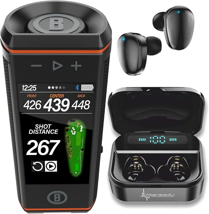 Bushnell Wingman HD View Golf Speaker, 3.5" Touchscreen, GPS Distances, Premium 360° Audio, Waterproof Design, Magnetic Cart Mount with Wearable4U Black Earbuds Bundle
