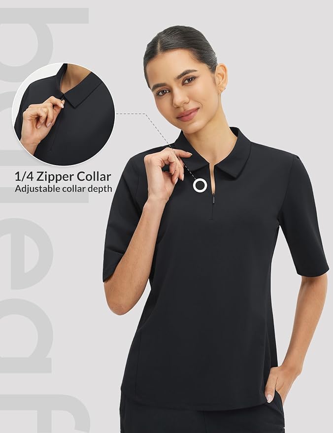 baleaf Women's Golf Shirts Half Sleeve Elbow Length Sleeves Polo Tops Workout Athletic Collared Quarter Zip V Neck UPF