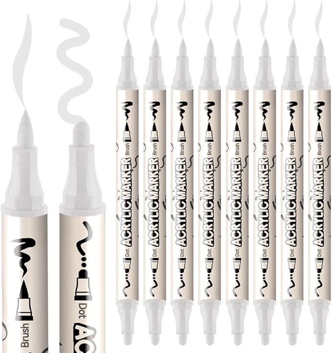 TRANSON 8 Pack White Brush and Bold Dual-tip Acrylic Paint Marker - Image 6