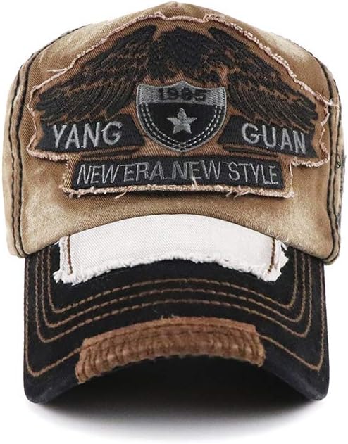 Elwow Men's Oilcloth Front Decor Washed Distressed Embroidery Baseball Cap Driver Trucker Hat with Eagle & Shark Patch