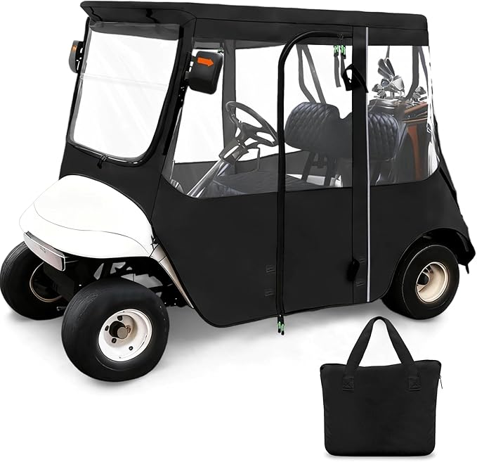Golf Cart Deluxe Driving Enclosure 2 Passengers Fits EZGO TXT & RXV Golf Cart, Fits Short Roof 40.94" W and 59.05" L, Clear Window with Door Zippers 600D Heavy Duty Drivable Rain Covers