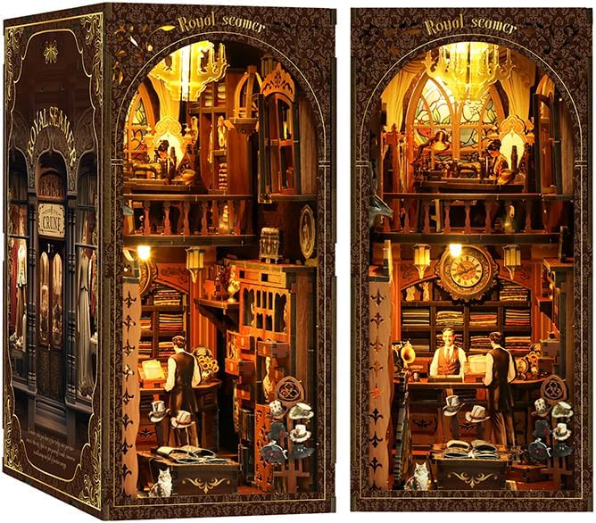 Book Nook Corner mini House Set, DIY Royal Tailor's mini Light and Shadow Book Stand Set, and 3D Wooden Puzzle Bookshelf with LED Lights for Plug-in Decoration, Suitable for Teenager.
