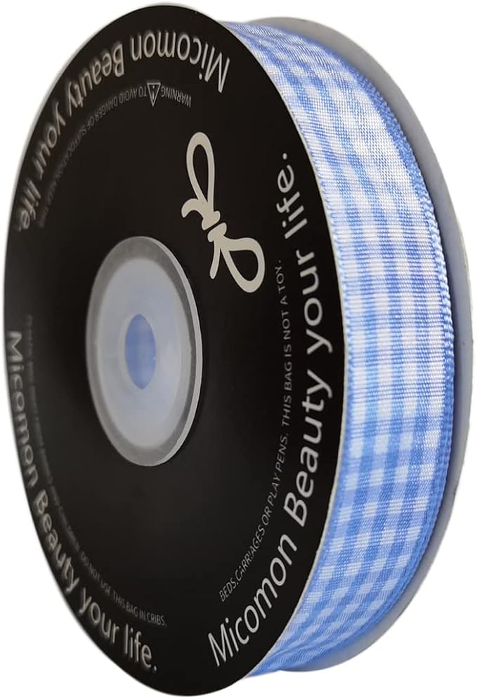 Light Blue Gingham Plaid Checked Ribbon 25 Yard Each Roll 100% Polyester - Image 2