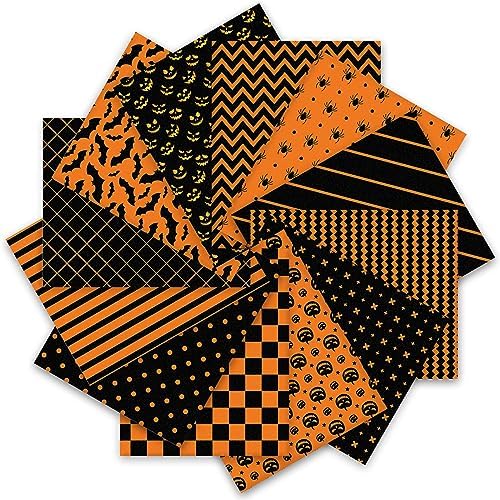 Whaline 12Pcs Halloween Cotton Fabric Bundles 10 x 10 Inch Spider Pumpkin Bat Plaid Stripe Dot Fabric Squares Orange Black Squares Sewing Fabrics for DIY Craft Party Decor