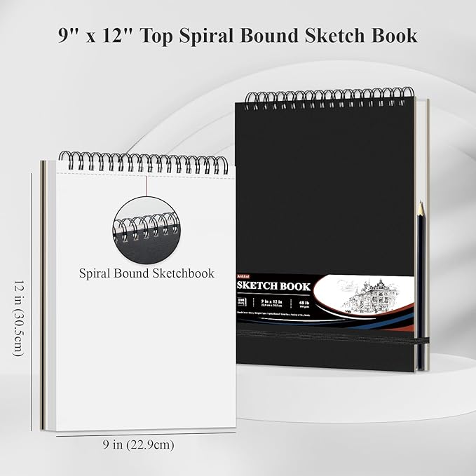 9" x 12" Sketch Book, Top Spiral Sketchbook Hardcover, 68lb Drawing Paper Pad & - Image 2
