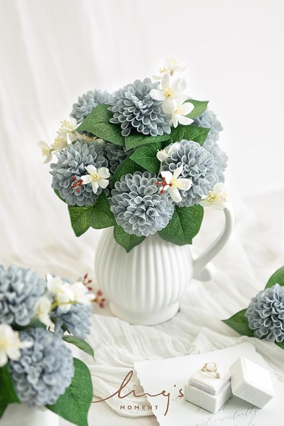 Ling's moment Dusty Blue Dahlia Foam Artificial Flowers Real Touch Faux Fake - Image 2