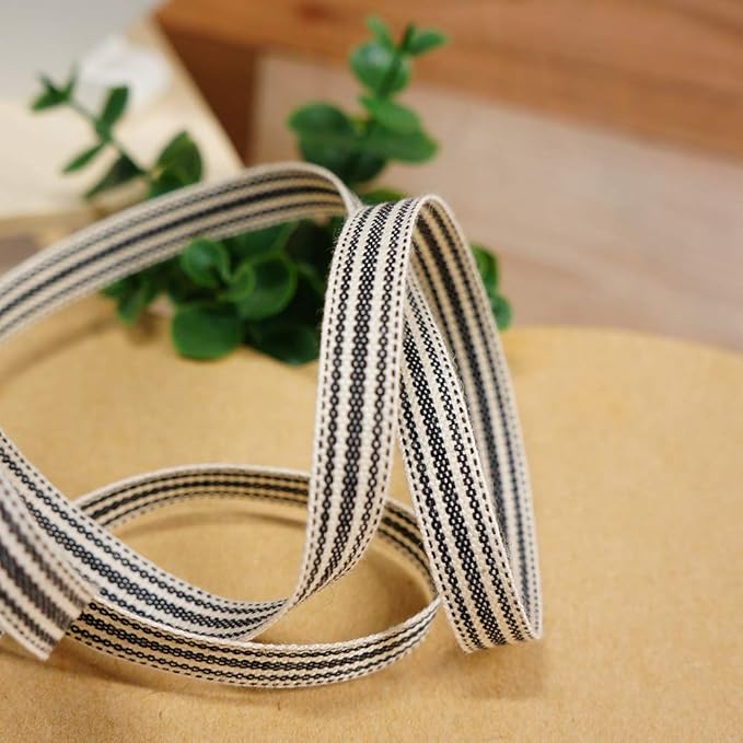 CT CRAFT LLC Ivory Cotton Black Stripes Ribbon 3/8" x 10 Yards - Image 4